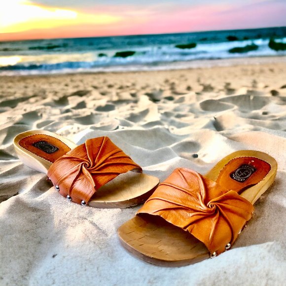 SALPY Handmade Shoes Orange Leather Wooden Mule Style Anna - Picture 5 of 15